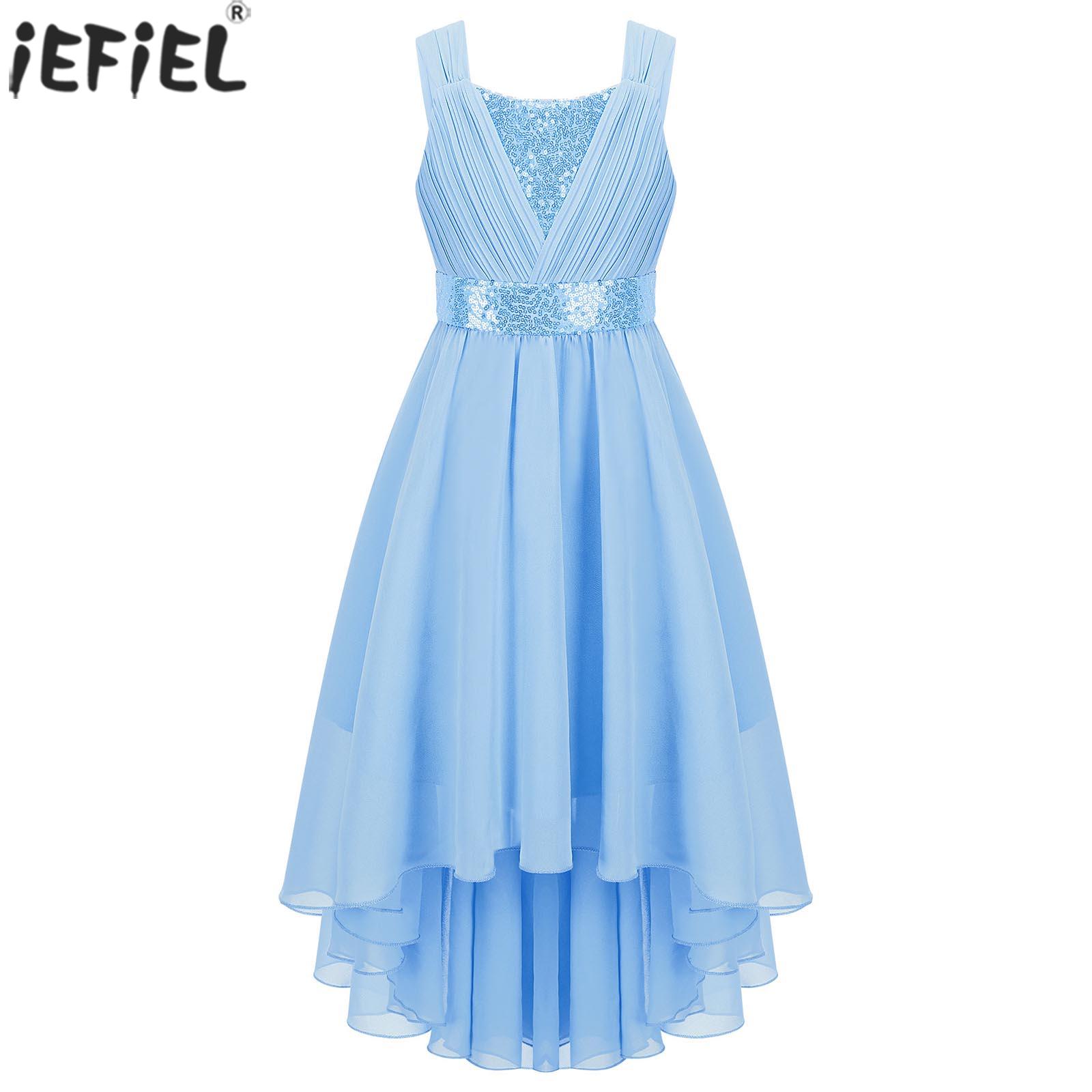 Women'S Formal Wear For Girls - シルクシフォンプリンセスドレス,スパンコール,誕生日パーティー,結婚式,花嫁介添人,ノースリーブ,裾,夏
