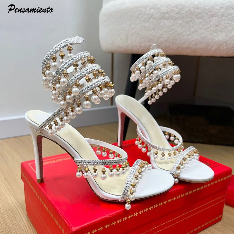 Women'S Formal Wear To A Wedding - 高級ラインストーンパールタッセル付きレディースグラディエーターサンダル、セクシーなスネークアンクルストラップサテンハイヒール、夏の宴会ウェディングシューズ