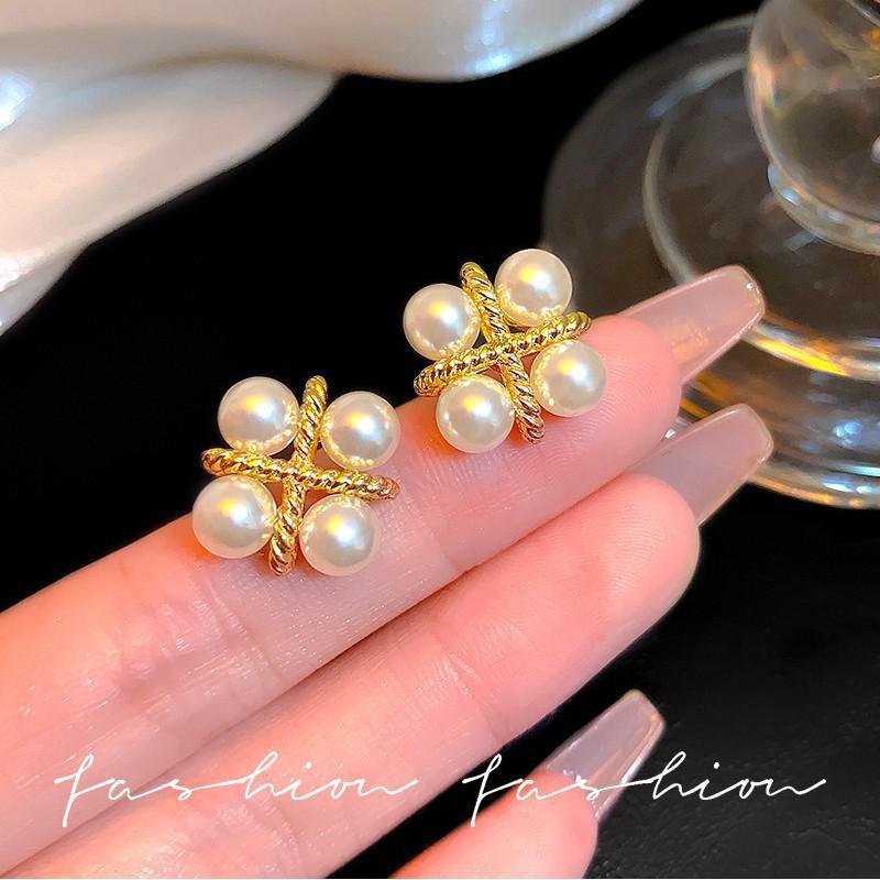 Pearl Earring Stud - 925シルバーニードル韓国ファッションクロスパールイヤリング女性用ジュエリー2026トレンド新作高級ヴィンテージスタッドイヤリング