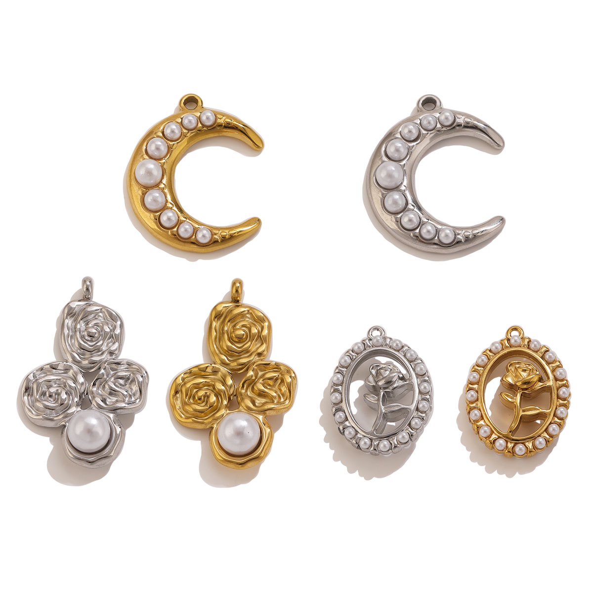 Pearl Earring Stud - 5個入り ステンレス製 18K金メッキ ムーンローズパールチャームペンダント DIY ネックレス
