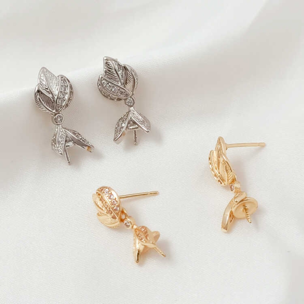 14Kマイクロジルコニウムバロックブラッシュドマグノリアフラ - Pearl Earring Stud のレビューと価格