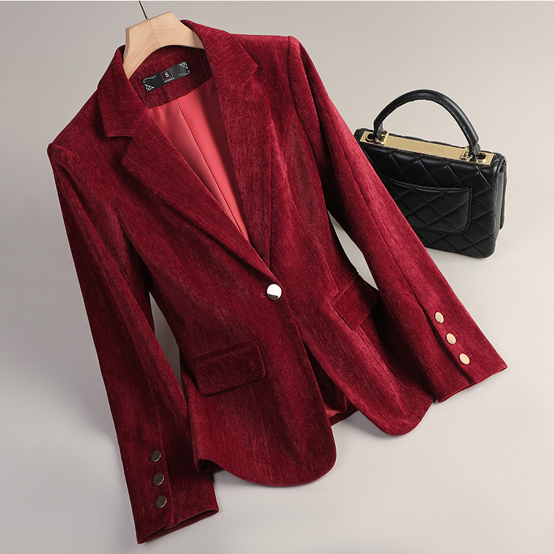 イエローゴールドベルベットブレザー女性秋冬カジュアルスーツフ - Formal Winter Wear Women Jacket のレビューと価格
