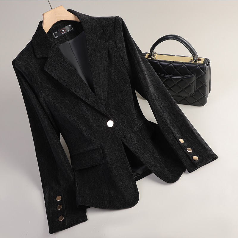 イエローゴールドベルベットブレザー女性秋冬カジュアルスーツフ - Formal Winter Wear Women Jacket のレビューと価格