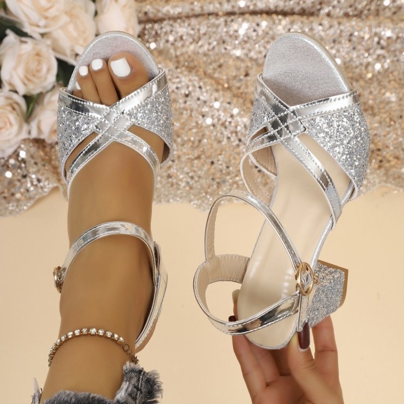 女性ブロックヒールサンダルゴールドキラキラクロスストラップア - Women'S Formal Wear To A Wedding のレビューと価格