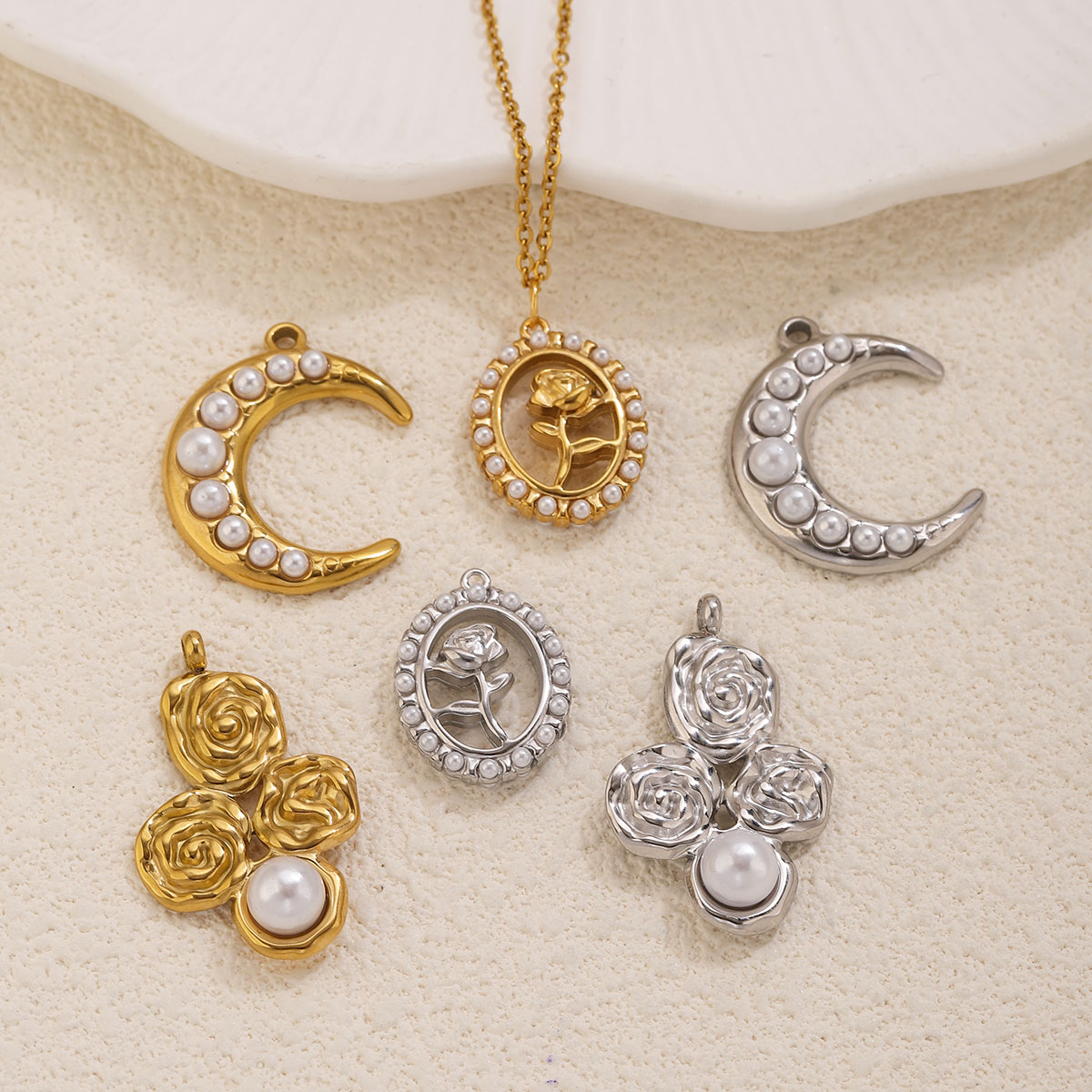 5個入り ステンレス製 18K金メッキ ムーンローズパールチ - Pearl Earring Stud のレビューと価格