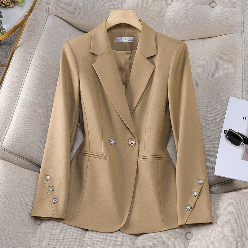 女性ダブルブレストソリッドブレザー秋アプリコットブラックカー - Formal Winter Wear Women Jacket のレビューと価格